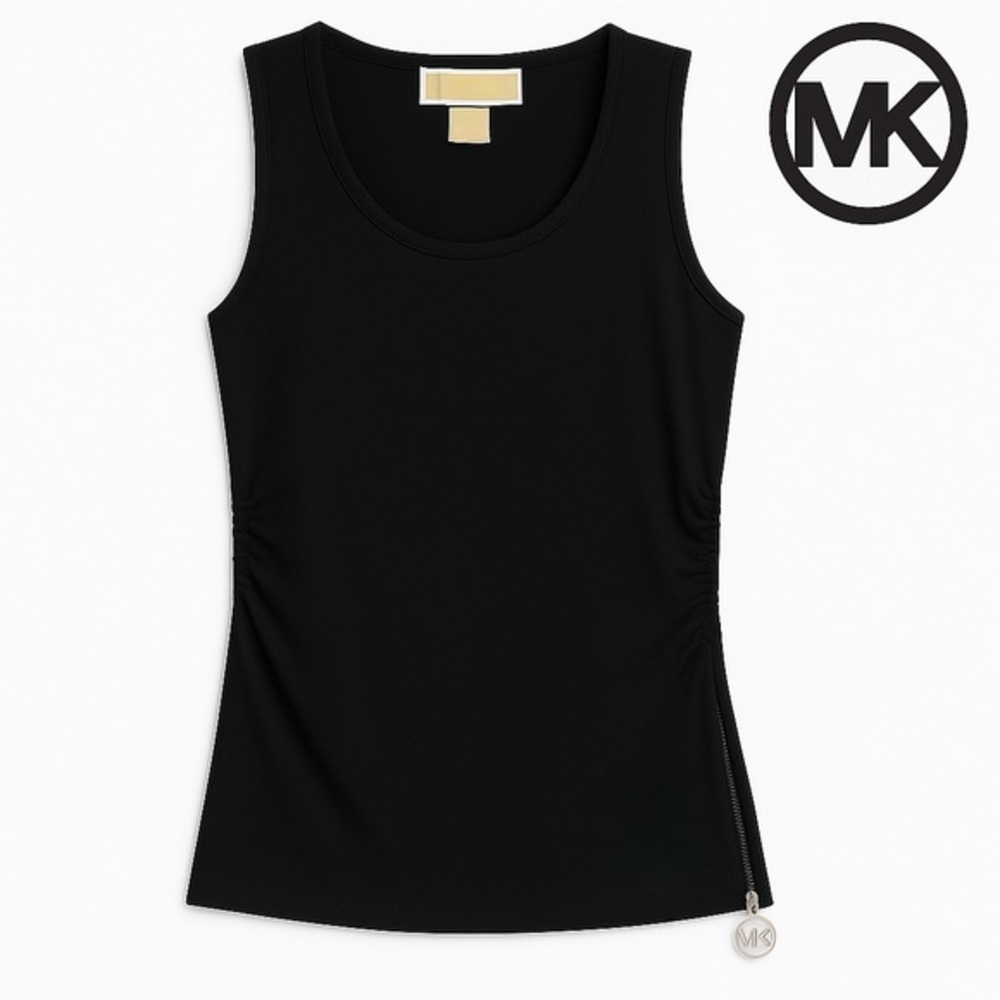 Michael Kors XL Black Sleeveless Top Side Silver Zipper Accent Ruched Detail
